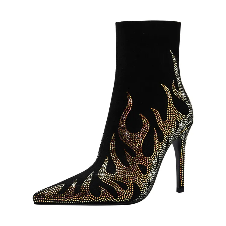

Luxury Black Crystal Women Ankle Boots Pointed Toe Chelsea Botas Flame Rhinestone Thin High Heels Short Botines Femininos Zapato