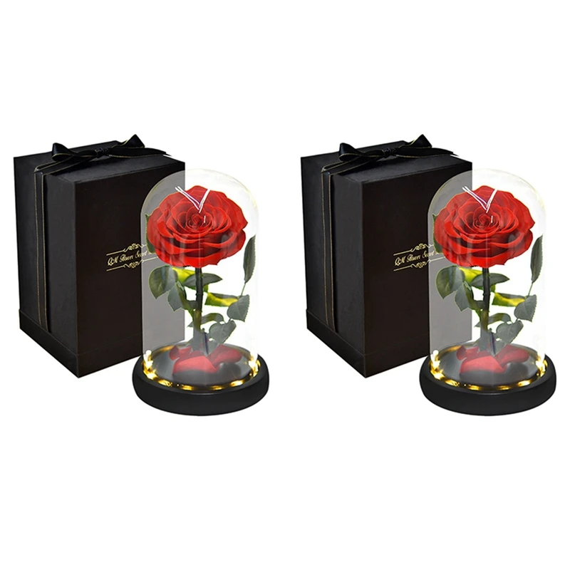 

2X Rose That Lasts Eternal Forever Preserved Flower in Glass Dome Lamp for Valentine's Mother's Day Gift Box,Red