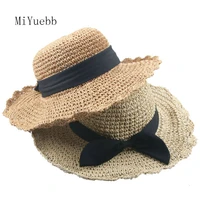 child girl adult woman summer hat british retro bow princess curling straw hat dome flat roof beach sunscreen foldable cap 3mz3x