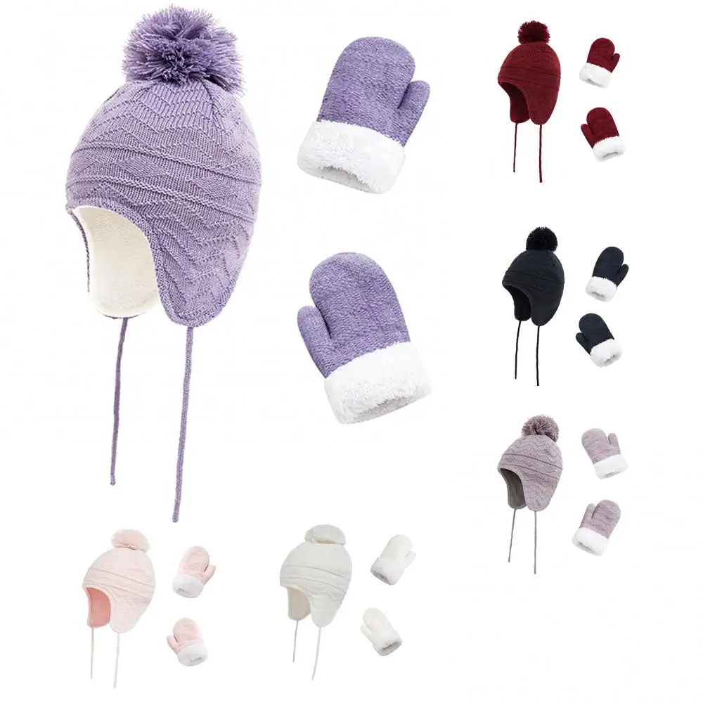 

Kids Ear Muff Beanie Pompom Knitted Hat Thick Glove Mitten Warmer Set Casual Solid Color Thickened Hat for Autumn Winter