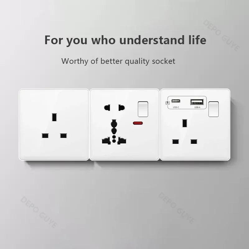 Фото Универсальная 5-контактная розетка с двумя USB-портами, белая умная розетка 18 Вт для быстрой зарядки с разъемом типа C, настенная электрическая розетка стандарта Великобритании, 220 В №5