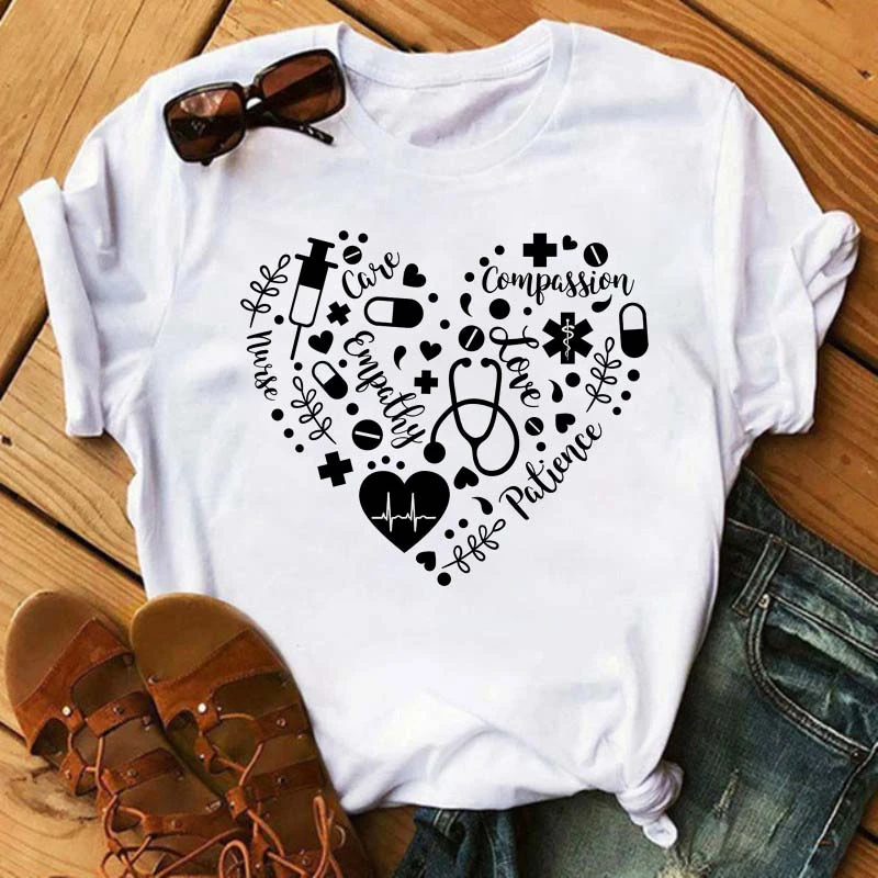 

WVIOCE Heart Pill Graphic Women T-shirt Casual Nurse T Shirt Funny Short Sleeved Cartoon Female Summer Harajuku T-shirt Tops