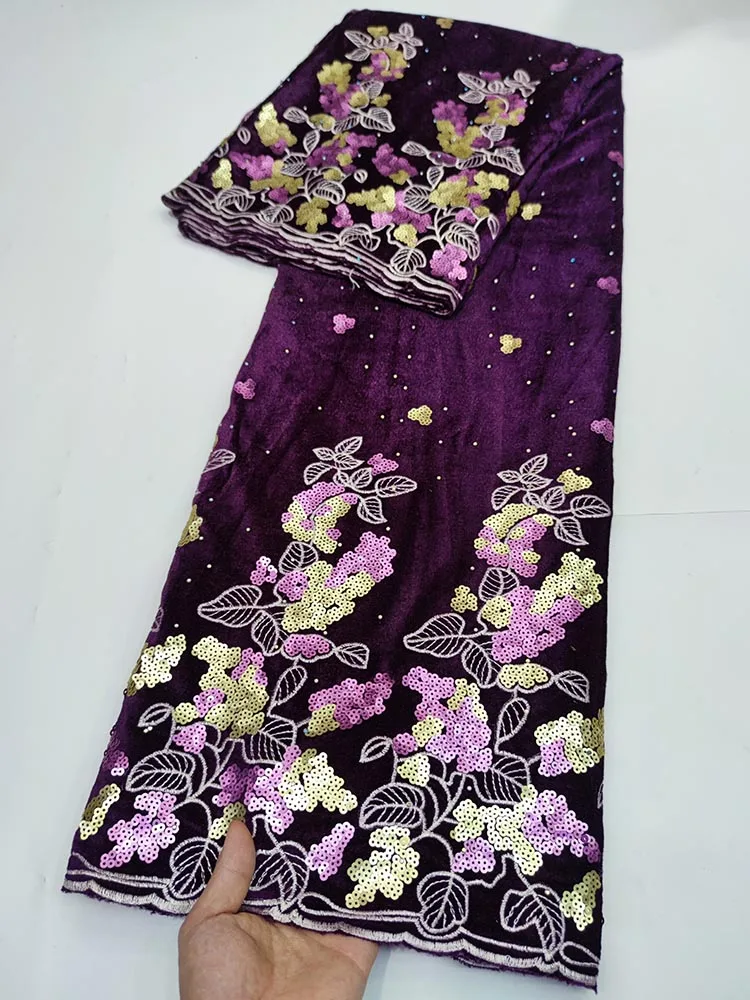 

Purple Velvet Sequins Fabric 2022 High Quality African Fabric Swiss Voile Embroidery 3D Sequin Net Lace Fabric 5Yards For Sewing