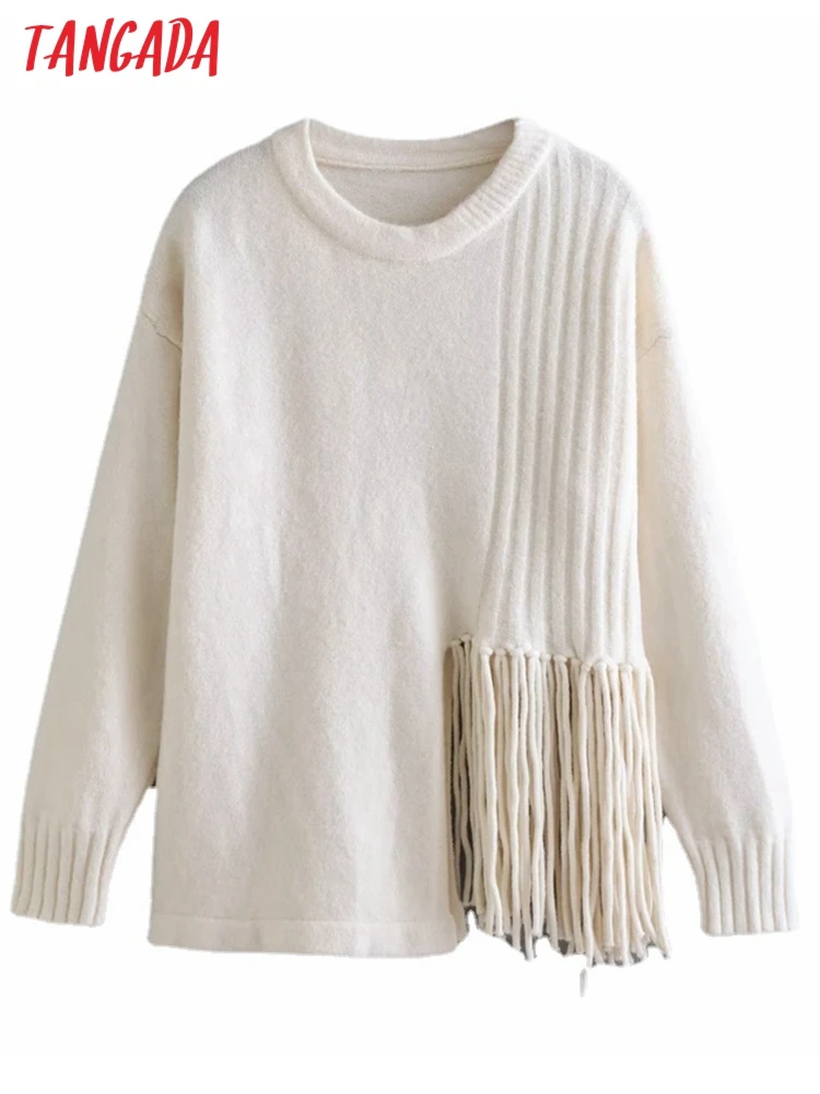 

Tangada 2022 Autumn Chic Women Tassel Oversized Sweater Long Sleeve Ladies Knitted Jumper Tops 1F165