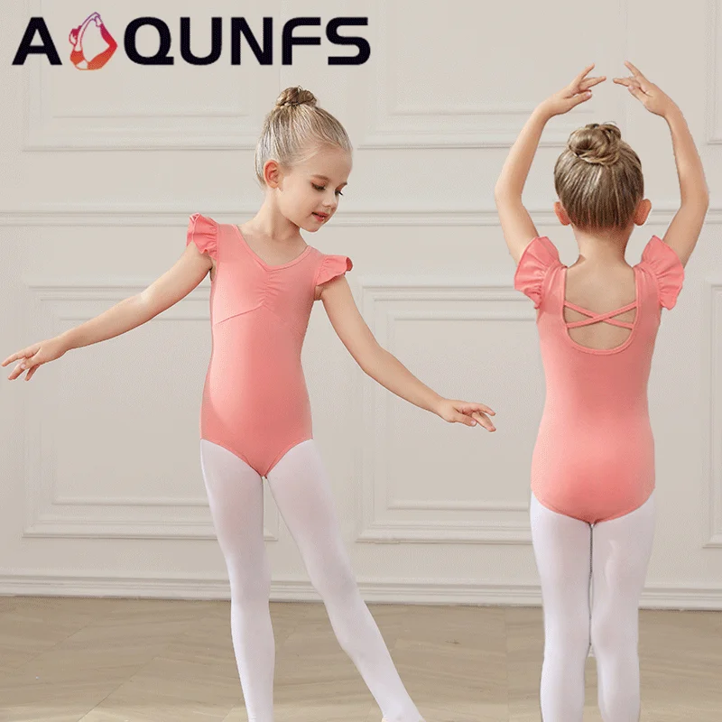 

AOQUNFS Childrens Ballet Leotards Short Sleeves Gymnastics Dance Clothes For Girls Back Cross Kids Ballet Costumes Cotton