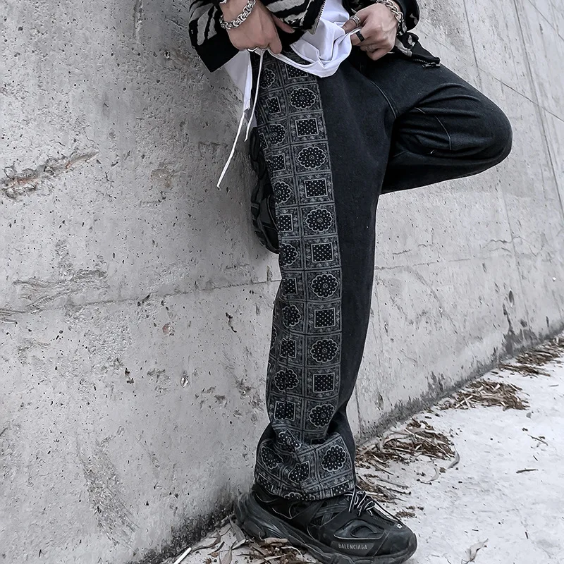 New Men's Brand Clothing High Street Loose Straight Jeans Men's Trendy Printed Wide Leg Pants Black Gray штаны Pantalones Hombre
