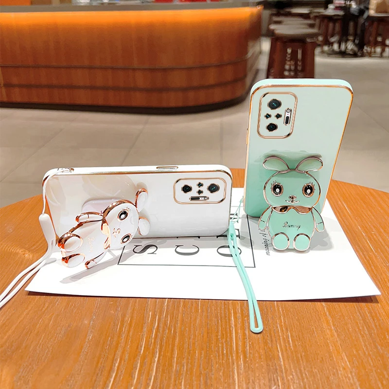 Cute Cartoon Rabbit Fold Stand For Xiaomi Redmi Note 10 Pro Max Phone Case With Lanyard Luxury Plating Cover