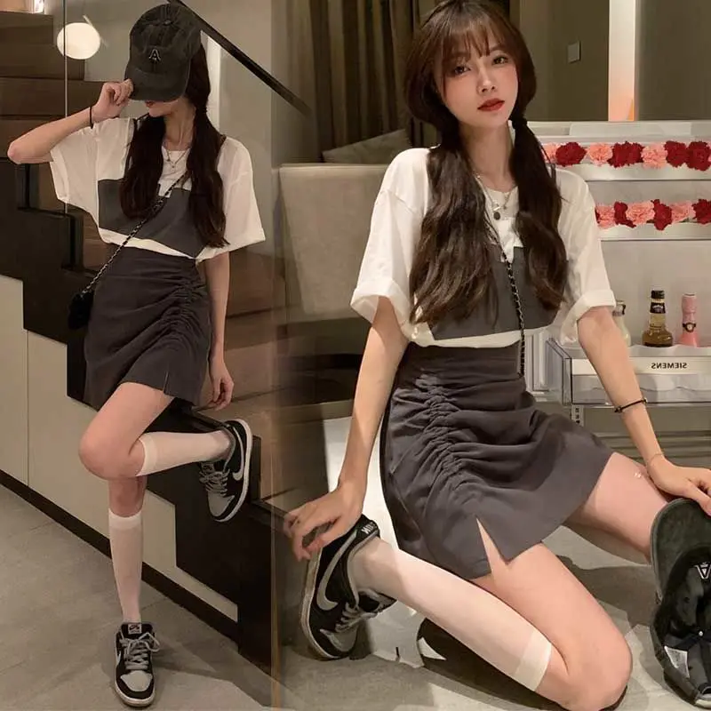 

Женский костюм из двух предметов, тонкая футболка с коротким рукавом и юбка трапециевидной формы, с высокой талией, Y2K, лето 2023