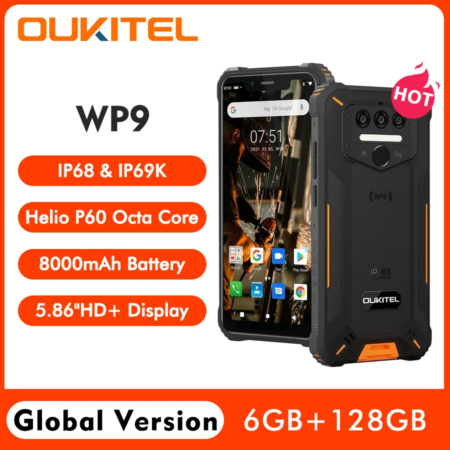 Смартфон Oukitel WP9 защищенный 4G LTE NFC 6 + 128 ГБ 5 86 дюйма HD 8000 мА · ч Android 10 телефон с