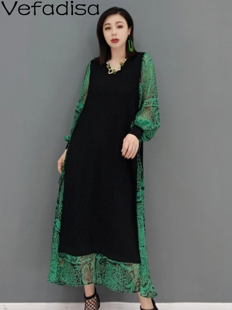 

Vefadisa 2023 Spring Autumn Long-sleeved V-neck Pullover Dress Green New Lace Stitching Sweater Casual Temperament Dress TT1092