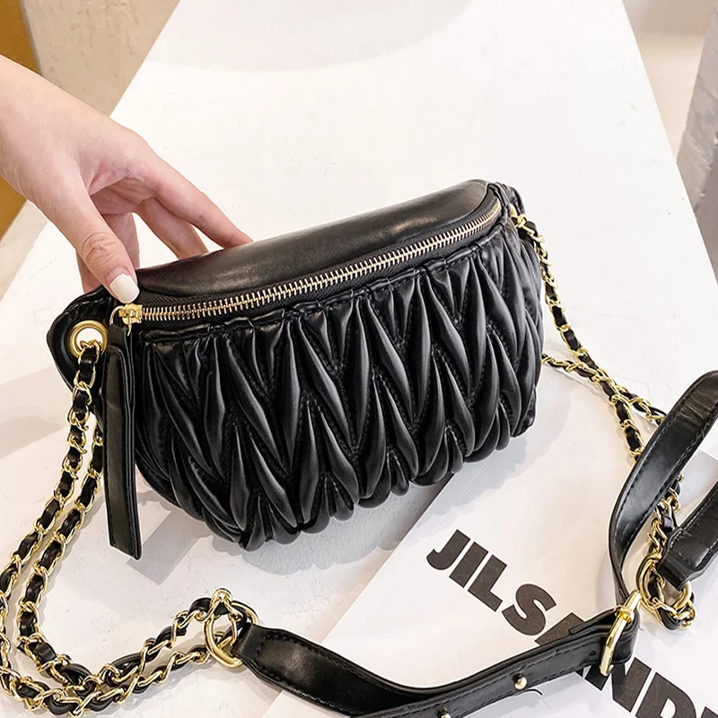 

Trend Pleated Handbags Chain Women's Waist Bag Travel Chest Bag High Quality PU Leather Crossbody Bag Hip Belt Bag Phone Pouch