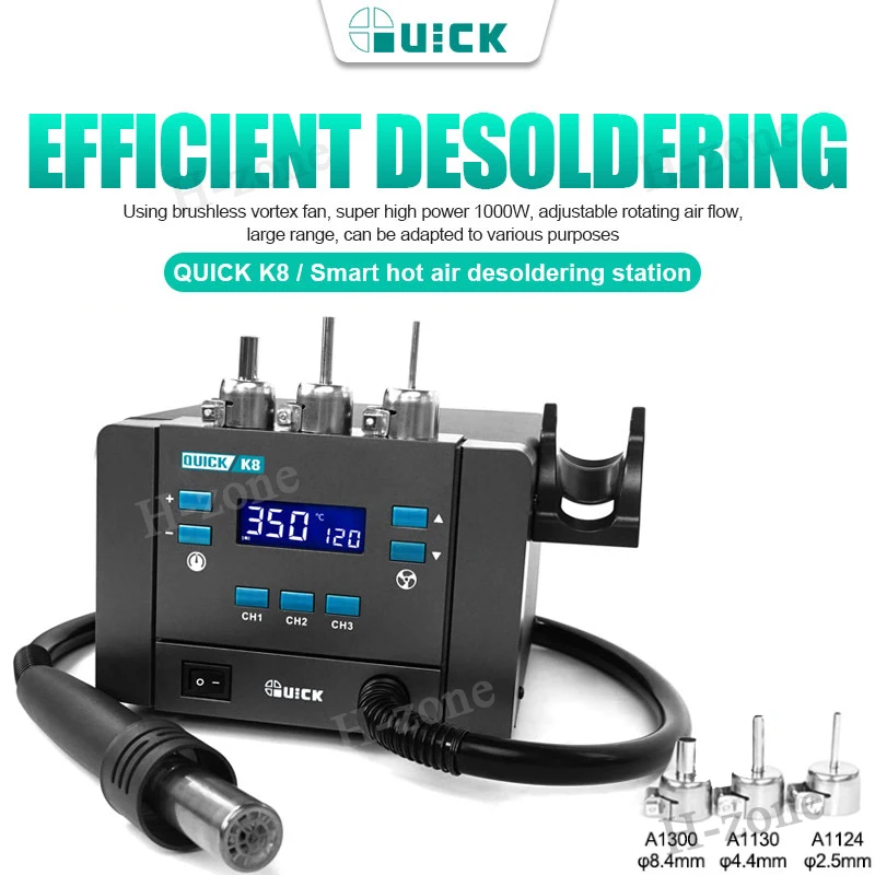 

QUICK K8 Original desoldering Rework Station Hot Air gun 1000W Lead-free for CPU Motherboard Mobile Phone Repair Tool +3 Nozzle