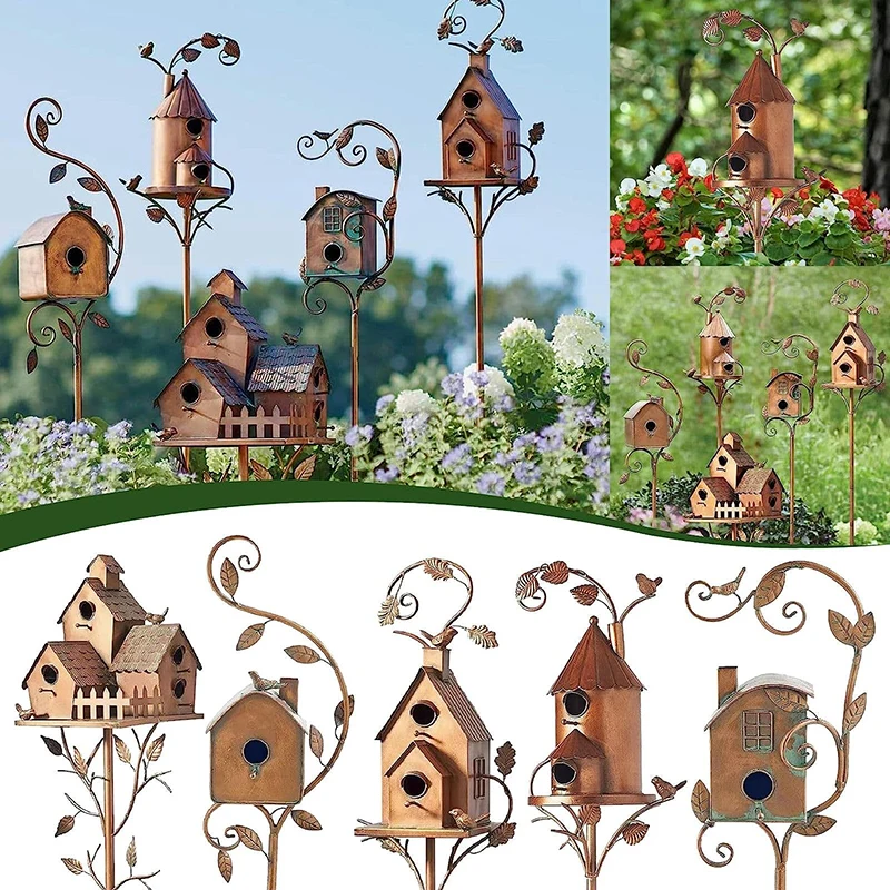

Garden Bird House With Pole Metal Bird Feeders Garden Stakes Bird Houses For Courtyard Backyard Patio Outdoor Garden Decoration
