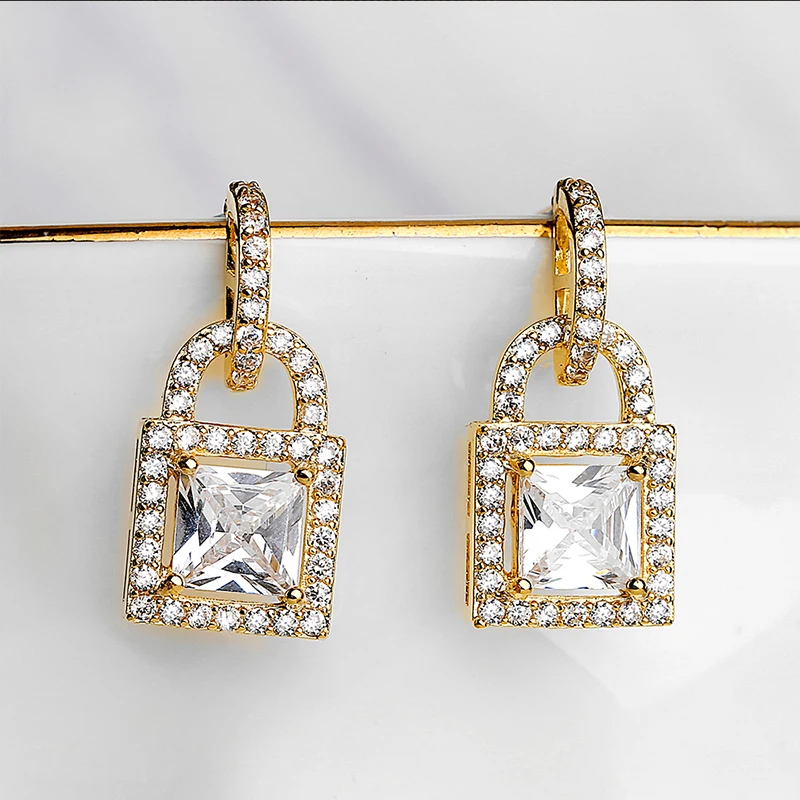 

Micro Pave CZ Lock Drop Earrings for Women Accessories Small Gold Color Female Luxury Earring Jewelry Gift New