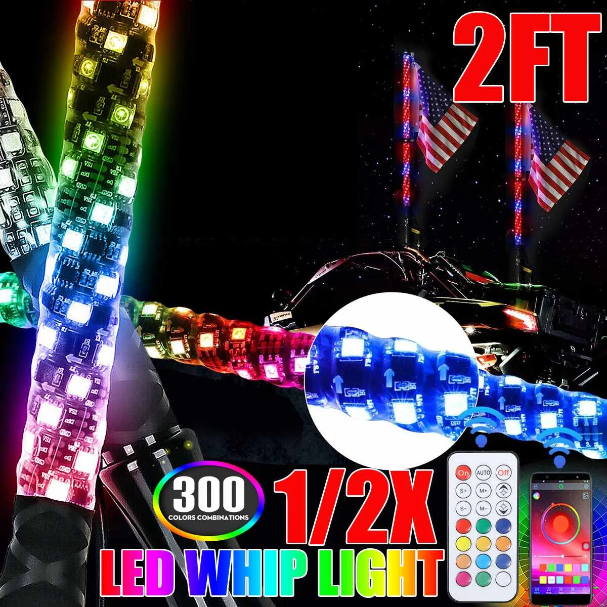 

2FT LED Whip Light RGB RZR LED Lamp Waterproof Bendable Remote Control Multi-color Super Bright Flag for SUV ATV Lamp Light