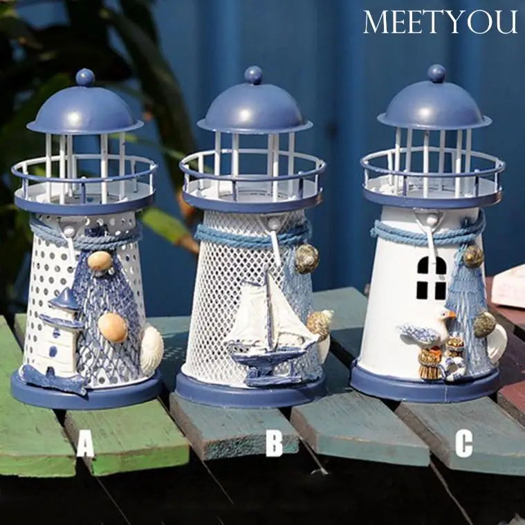

Mediterranean Lighthouse Iron Candle Candlestick Blue White Home Table Decor