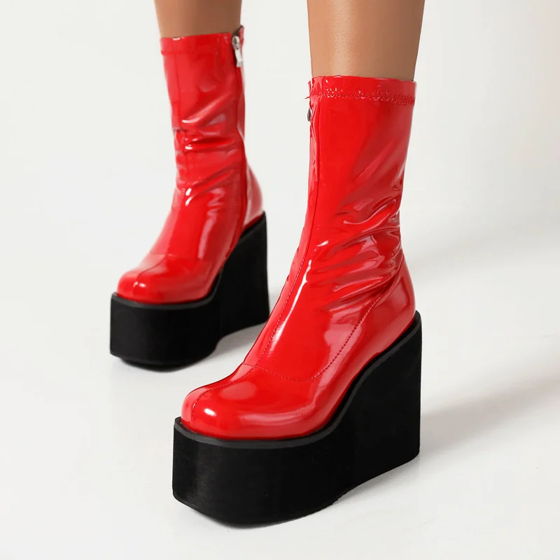 

New Thick Sole Women's Ankle Boots Wedge Boots Cow Leather Women's Gothic Design Fashion Motorcycle Ankle Boots Plus Size 43