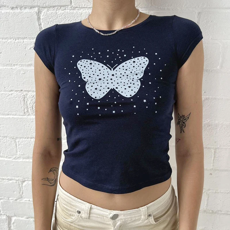 

Милые базовые Детские футболки в стиле Харадзюку в стиле гранж Y2K, укороченные топы с принтом Феи Бабочки, винтажные летние облегающие синие...