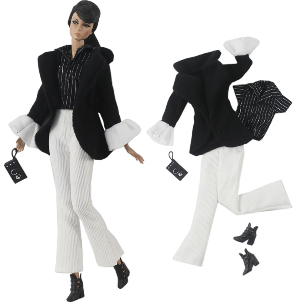 

1 комплект, черное меховое пальто NK для кукол Барби, куртка, рубашка, сумка для обуви, аксессуары для кукол 1/6 BJD FR