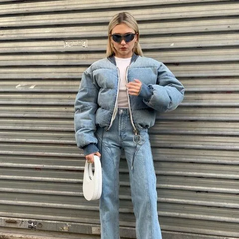 Short Sections of Cotton Clothing Female 2022 Autumn and Winter New Pull Round Collar Warm Collision Color Splicing Jacket