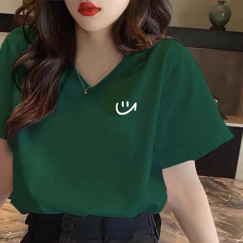 Loose Short sleeve T-shirt Women V-neck Black Top Summer Pure Cotton Heart Collar Clothing 2023 New Design Sense