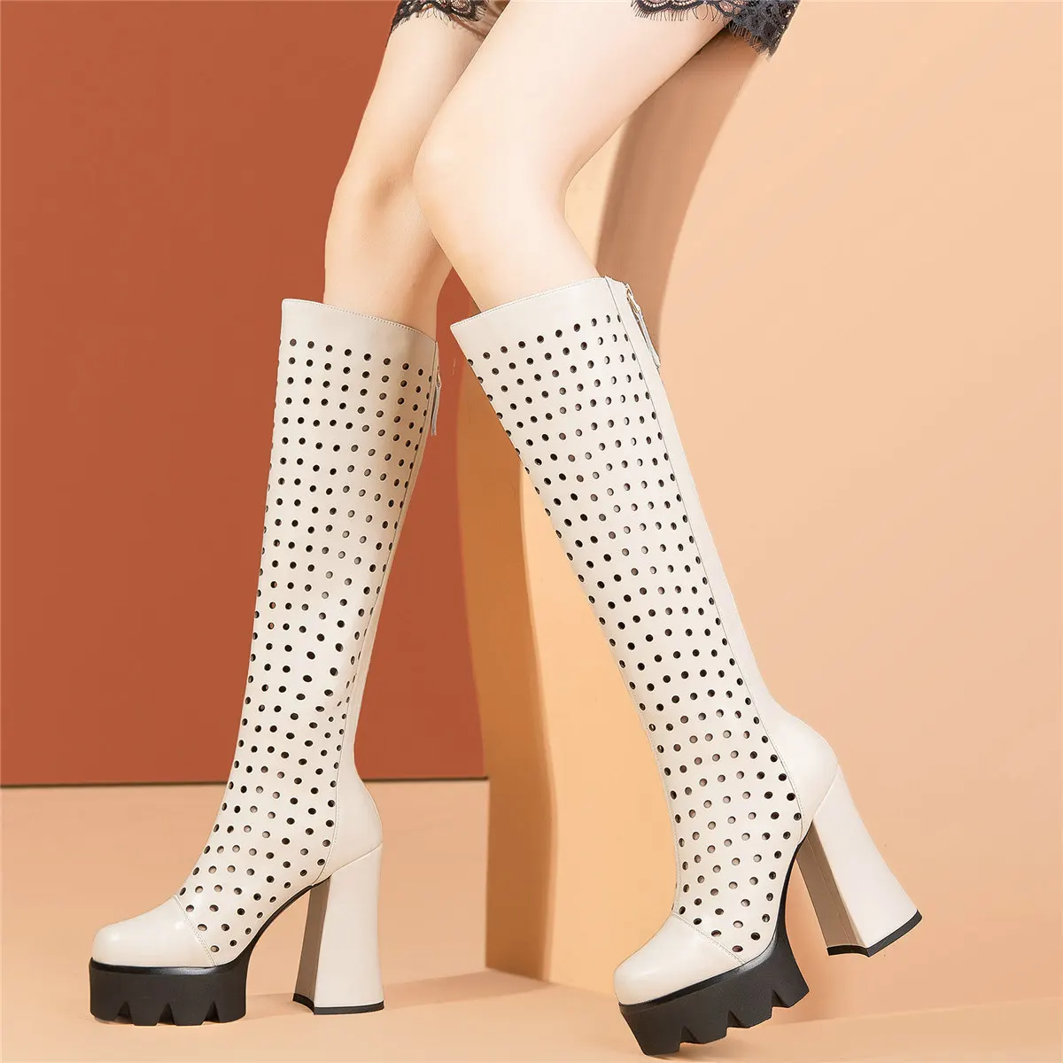 Thigh High Platform Pumps Shoes Women Hollow Genuine Leather Knee High Boots Female Round Toe Gladiator Sandals Casual Shoes