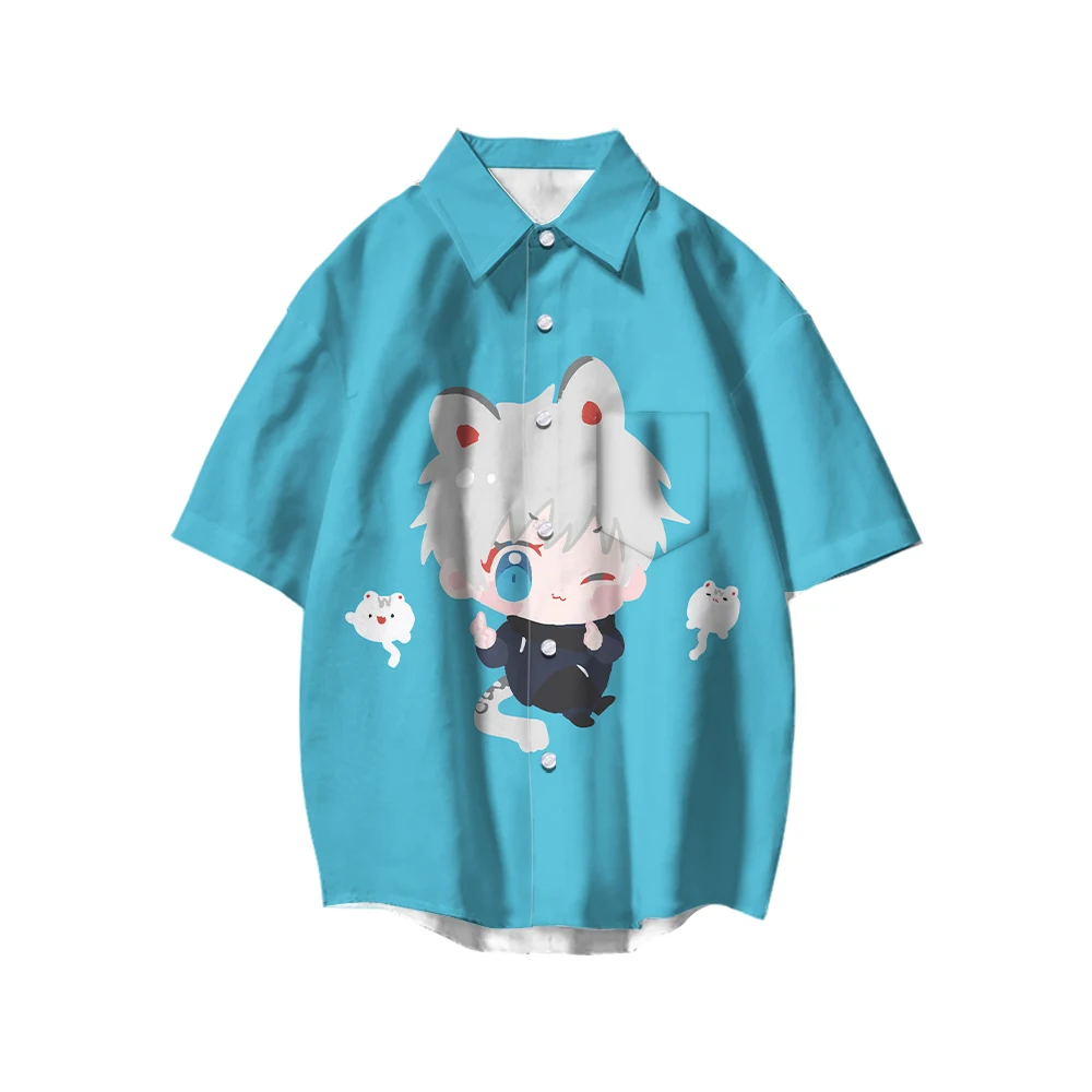 

Рубашка с коротким рукавом и принтом аниме, повседневный пляжный костюм Харадзюку С защитой от солнца, кардиган с коротким рукавом и отложным воротником, Женский Топ для покупок