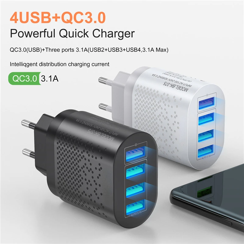 

2022 Trend For iPhone 11 4 Port 48W Fast Wall Chargers Plug USB Charger 3A Quik Charge 3.0 Mobile Phone Charger