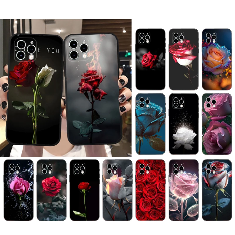 

Phone Case For iphone 14 13 12 11 Pro Max XS XR X 12mini 14 Plus 7 8 SE Red Roses Beautiful Flower Rose Mobile Phone Case Funda