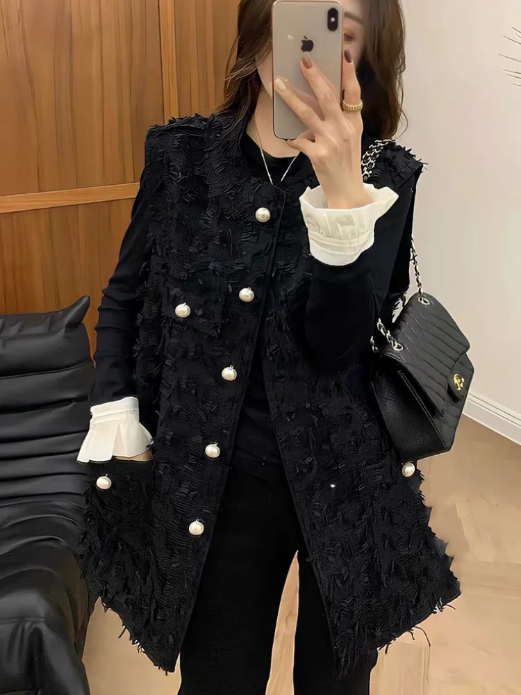 Модный красивый жилет без рукавов с жемчужной пряжкой женский кардиган