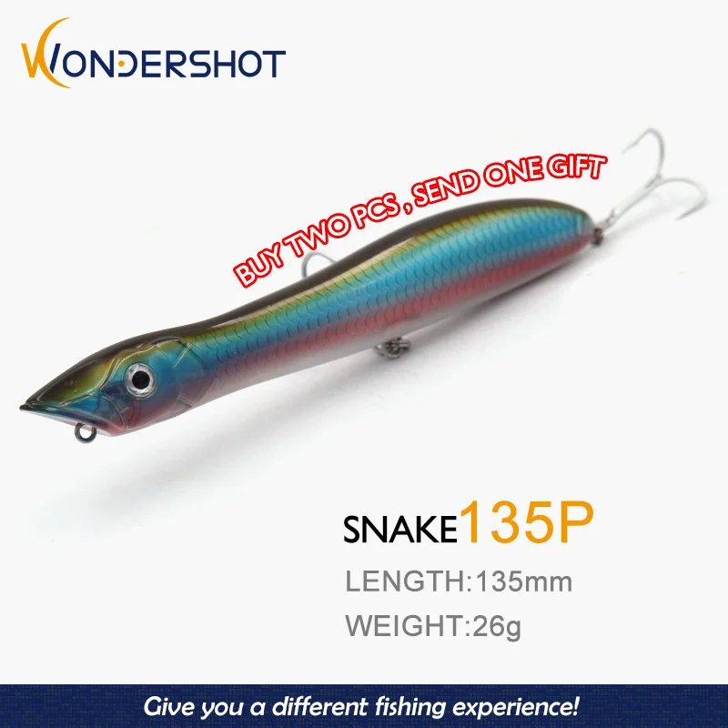 Wondershot B01 135MM 26G Snake Head Popper Topwater Floating Sea Bass Pike Bait 1PC Wobbler Fishing lure With Mustad Hooks