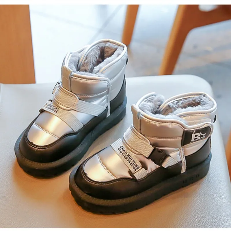 Winter New Children's Snow Boots Boy's Fleece Warm Outdoor Cotton Shoes Girl's Buckle Leather Fashion Ankle Boots