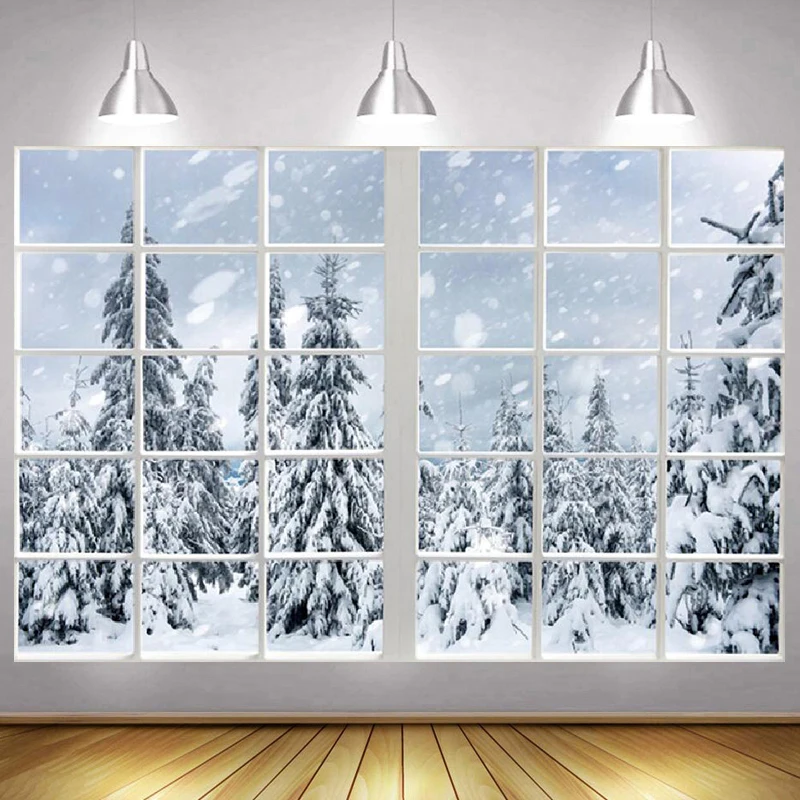 

Winter Landscape Photo Backdrop Wonderland Window Coniferous Forest Tree Christmas Party Photography Background Photocall Banner