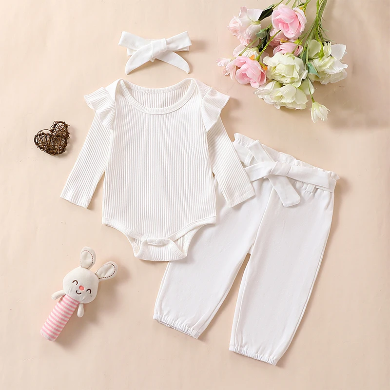 

Newborn Outfits Baby Girl Ribbed Long Sleeve Romper Solid Ruffle Bodysuit Belted Pants Headbands Fall Winter Clothes