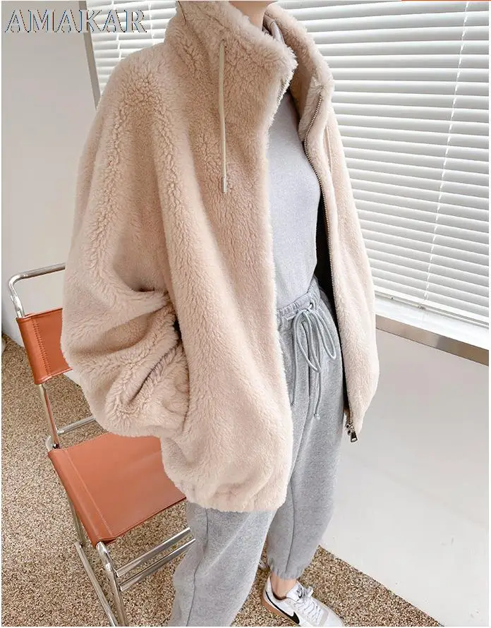Real Sheep Jacket Women Winter Sheared Zipper Loose Warm Thick Pure Color Fur Coat Lady Lambs Wool Stand Collar Outerwear enlarge