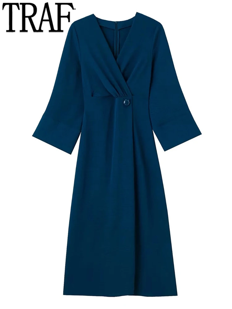 

TRAF 2022 Blue Midi Dress Woman Buttoned Long Dresses For Women Autumn Long Sleeve Elegant Dresses Ruched Slit Female Dress