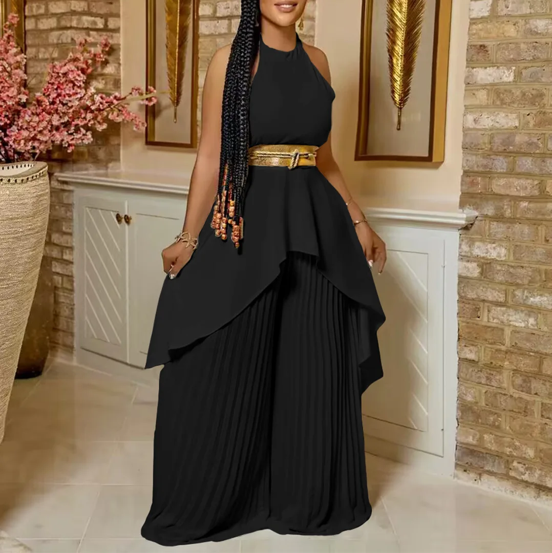 Plus Size Matching Sets Halter Tops And Wide Leg Pants With Belt Female Luxury Fashion Women Clothing 2023 Summer Two Piece Sets