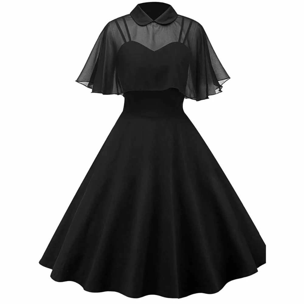 

Women Vintage Gothic Cape Black Dress 2021 Autumn Two Piece Mesh Cloak Sleeves Peter Pan Collar Elegant Retro Goth Party Dresses