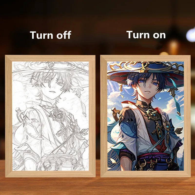 Genshin Impact Рисунок Светодиодная картина с рамкой Furina Hu Tao Wanderer Аниме Плакат