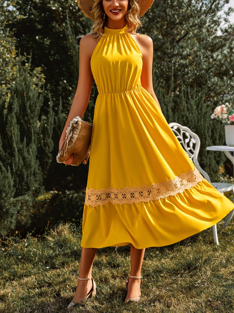 

Новинка лета 2023, модное однотонное кружевное платье-трапеция без рукавов с воротником, женская одежда, элегантные и красивые женские платья