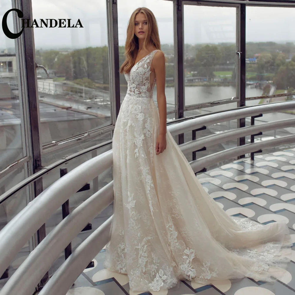 

CHANDELA Elegant Wedding Dresses A-Line Lace Sleeveless Scoop Appliques Bridal Gown Robe De Mariée For Women Custom Made