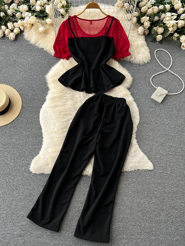 

Summer Fashion Casual Suit New Puff Sleeve Stitching Chiffon Top High Waist Trousers All-match Two-piece Set Women D1281