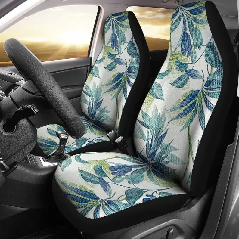 

Vintage Blue Green Leaves Floral Flowers Car Seat Covers Pair, 2 Front Seat Covers, Car Seat Protector, Car Accessories