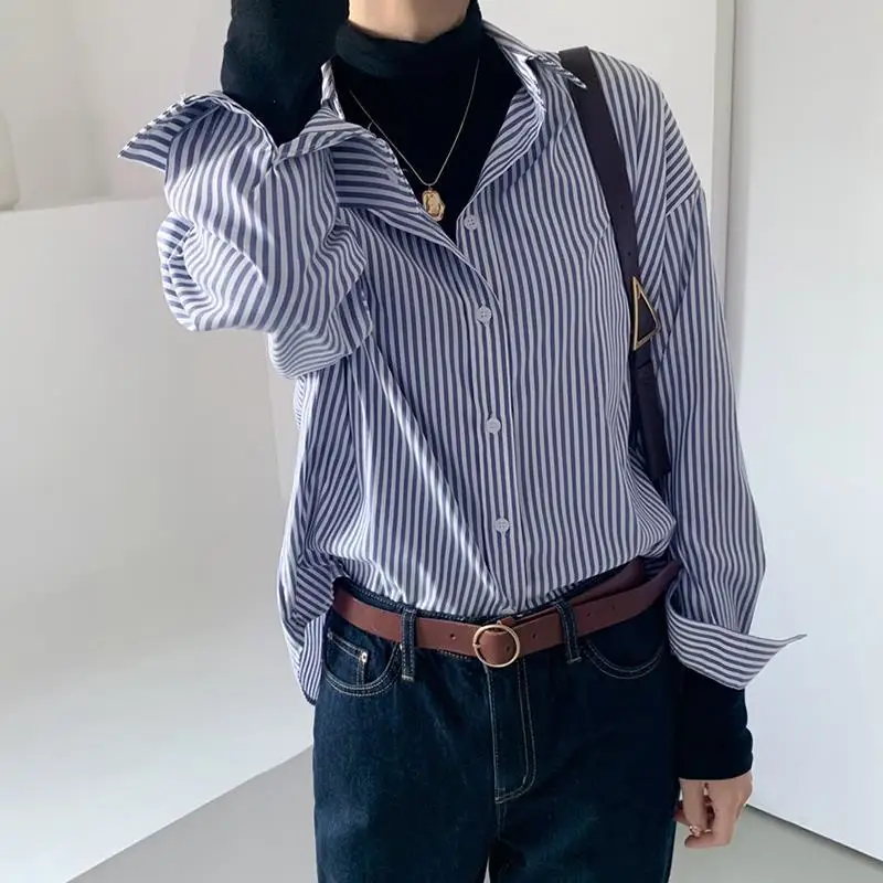 

Ladies Casual Pinstripe Shirt Loose Long Sleeve Blue Shirt Top Fashion Long Sleeve Single Breasted Lapel Shirt Loose Top Women