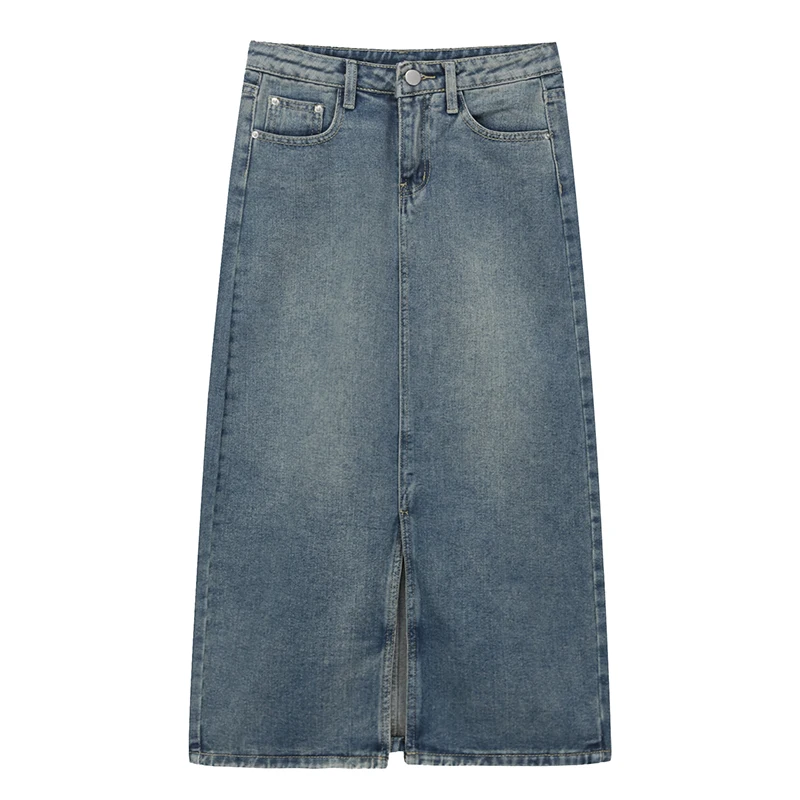 

Retro Design Sense Slit Denim Skirt Women'S New Niche High-Waisted Mid-Length Skirt