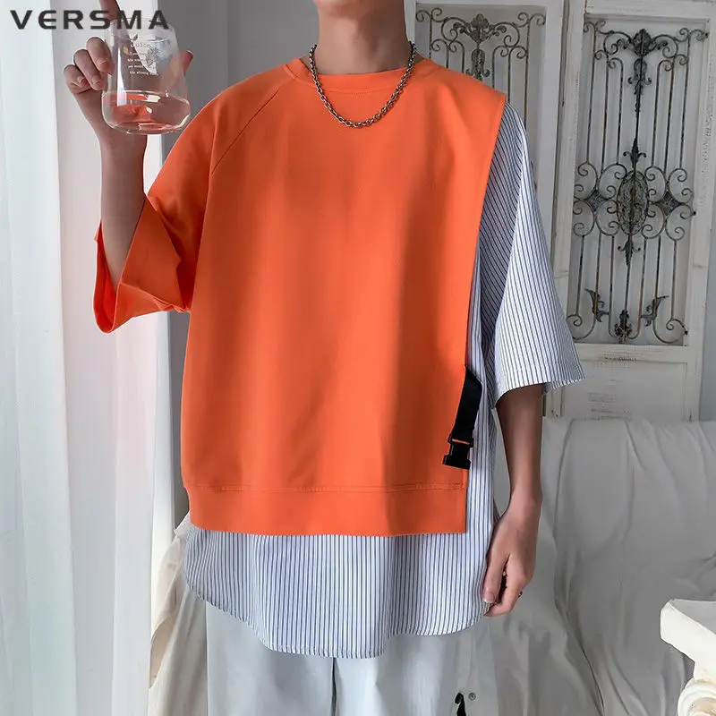 

VERSMA Korean Harajuku Style Stripe Ribbon Patchwork Men T-shirt Plus Size Summer Fashion Youth Personalized Punk Tshirts Women