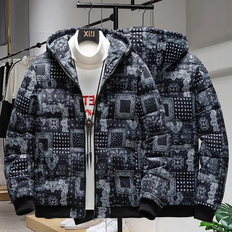 Winter Down Jackets Coat Parka Bandana Paisley Pattern Harajuku Hip Hop Hooded Jackets for Men Outwear Windbreaker Streetwear