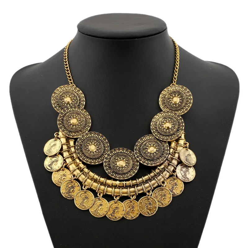 

Exaggerated Bib Necklace Vintage Gypsy Style Coin Tassel Necklace Bohemian Big Necklace Large Statement Maxi Necklaces