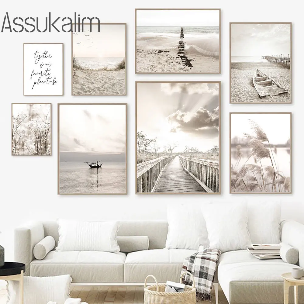 

Beige Landscape Wall Paintings Beach Boat Print Pictures Reed Canvas Poster Bridge Art Prints Nordic Posters Living Room Decor