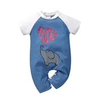 newborn baby clothing round neck short sleeve romper cartoon elephant print button patchwork simple style casual lovely playsuit
